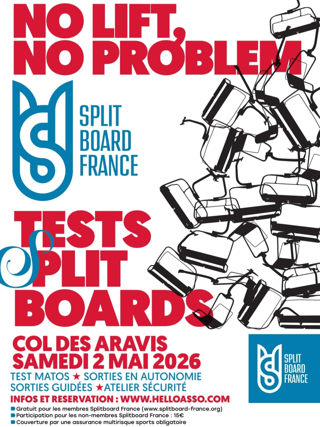 Affiche No Lift No Problem — Tests splitboards au Col des Aravis le samedi 2 mai 2026, organisé par Splitboard France