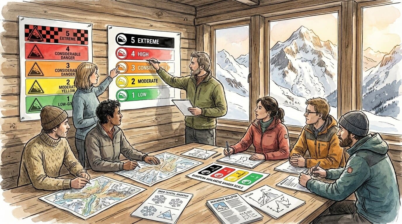 Illustration de professionnels travaillant sur la révision de l'échelle de danger d'avalanche dans un refuge alpin