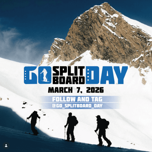 Go Splitboard Day : 7 mars 2026, splitboardeurs en montée avec montagnes en arrière-plan