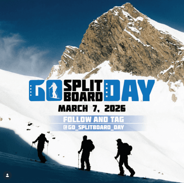 Go Splitboard Day — 7 mars 2026, splitboardeurs en montée avec montagnes en arrière-plan