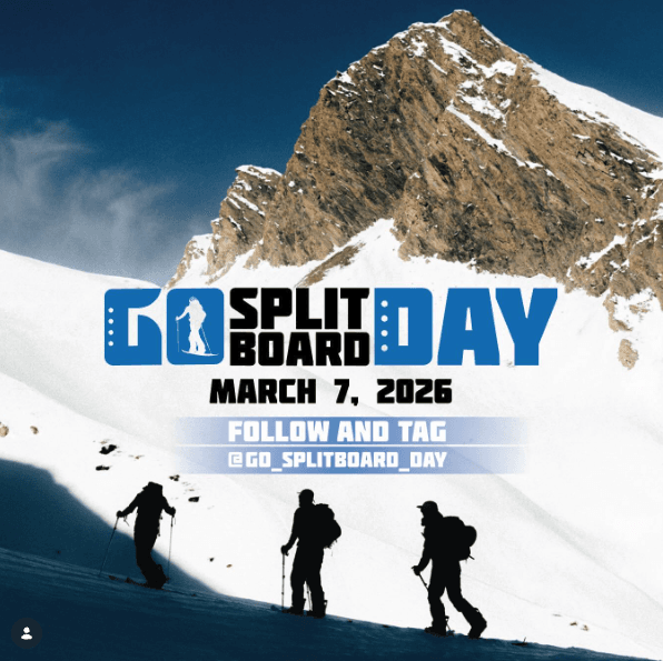 Go Splitboard Day : 7 mars 2026, splitboardeurs en montée avec montagnes en arrière-plan
