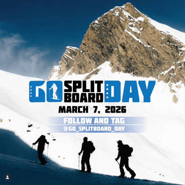 Go Splitboard Day — 7 mars 2026, splitboardeurs en montée avec montagnes en arrière-plan