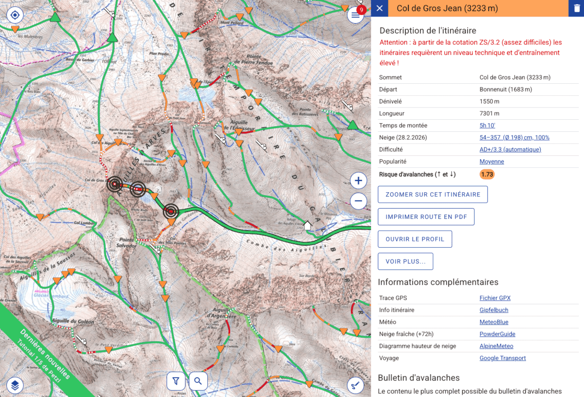 Fiche itinéraire du Col de Gros Jean (3233 m) sur Skitourenguru : carte avec code couleur vert/orange/rouge, description, dénivelé, risque d'avalanche et liens vers le bulletin