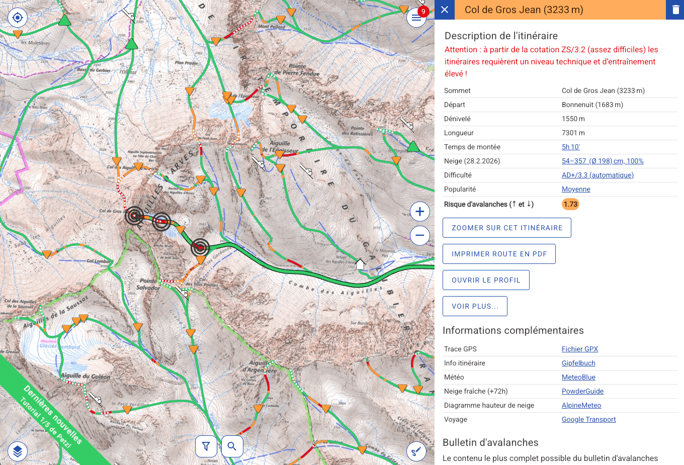 Fiche itinéraire du Col de Gros Jean (3233 m) sur Skitourenguru : carte avec code couleur vert/orange/rouge, description, dénivelé, risque d'avalanche et liens vers le bulletin