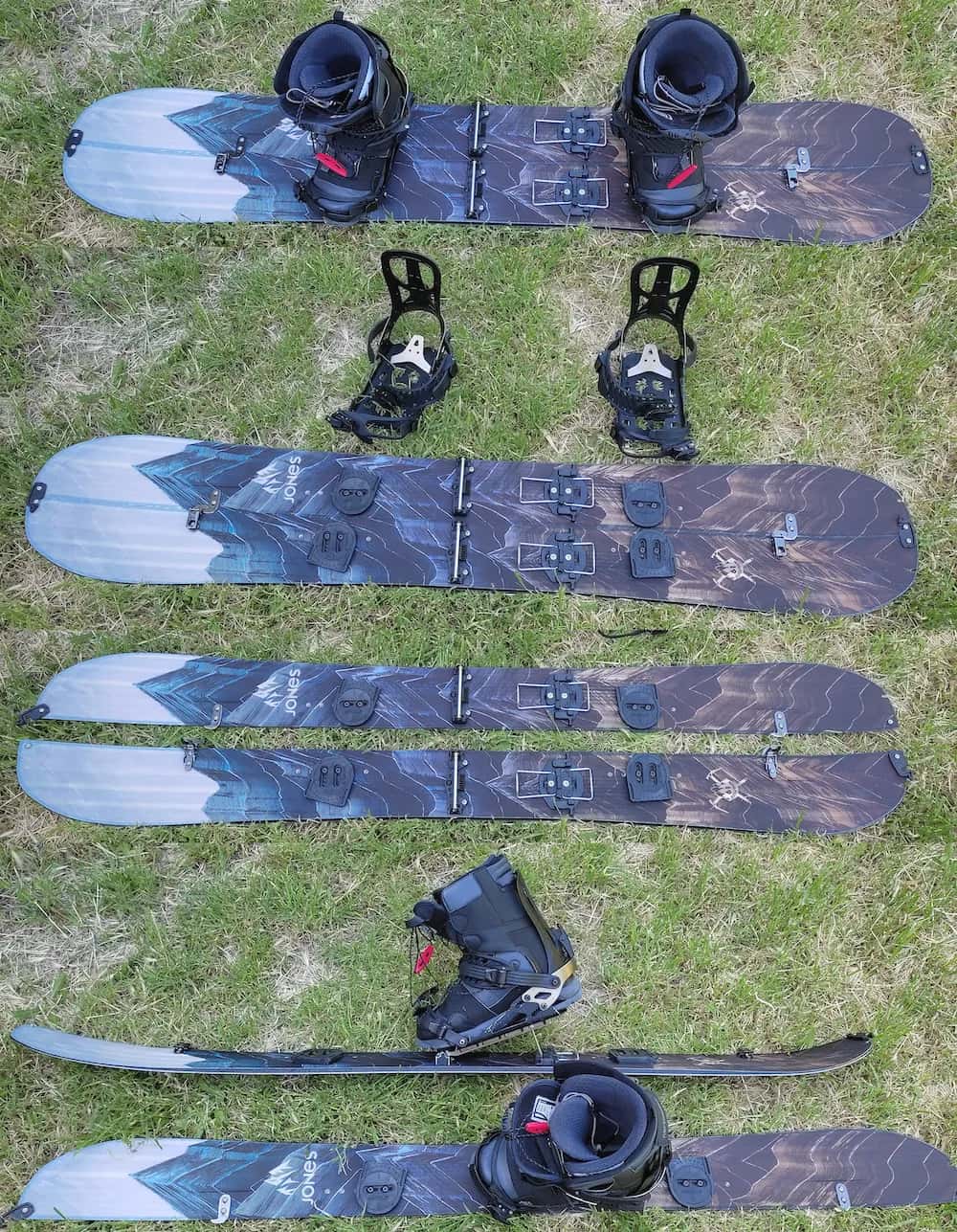 Schéma du fonctionnement d'un splitboard : montée en deux skis, transition, descente en snowboard